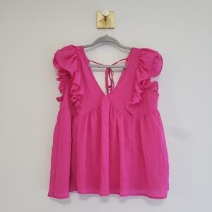 Entro Ruffle Sleeve Babydoll Blouse Top Women Small Fuchsia Pink Vibrant Boho